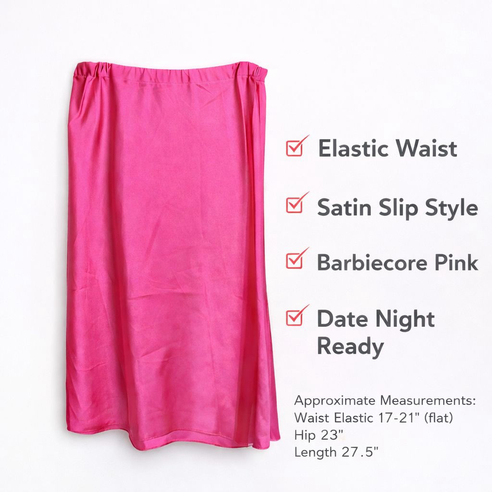 The Drop XL Hot Pink Satin Midi Skirt Elastic Waist Barbiecore Party Date Night